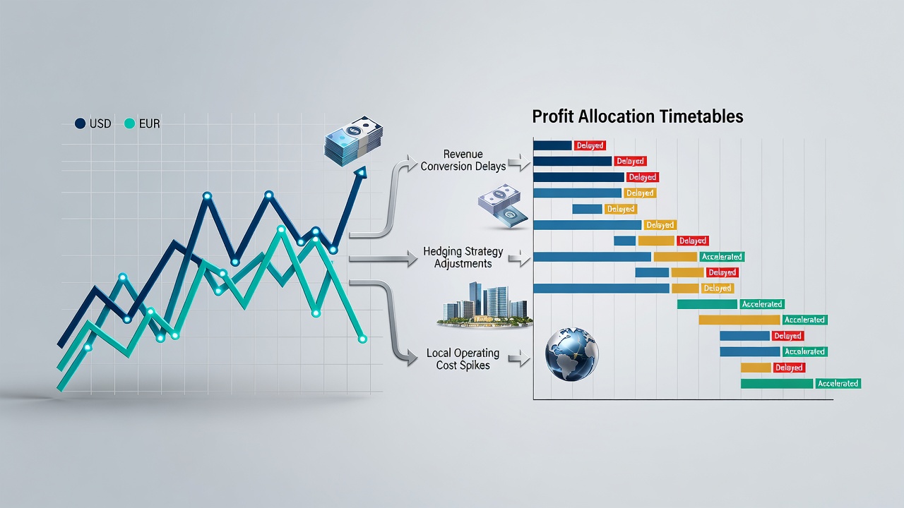 Currency fluctuation charts overlaid on resort property images showing profit allocation impacts