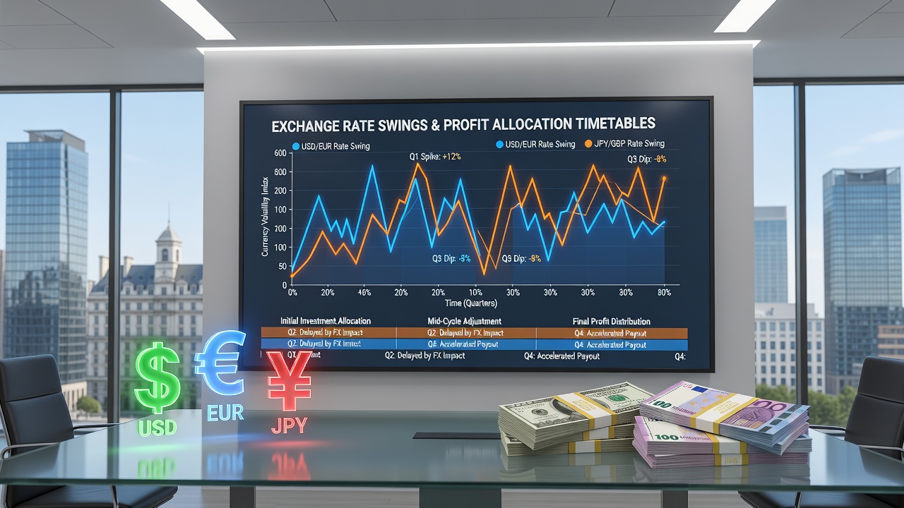 Treasury analysts reviewing currency hedge documents and resort financial calendars