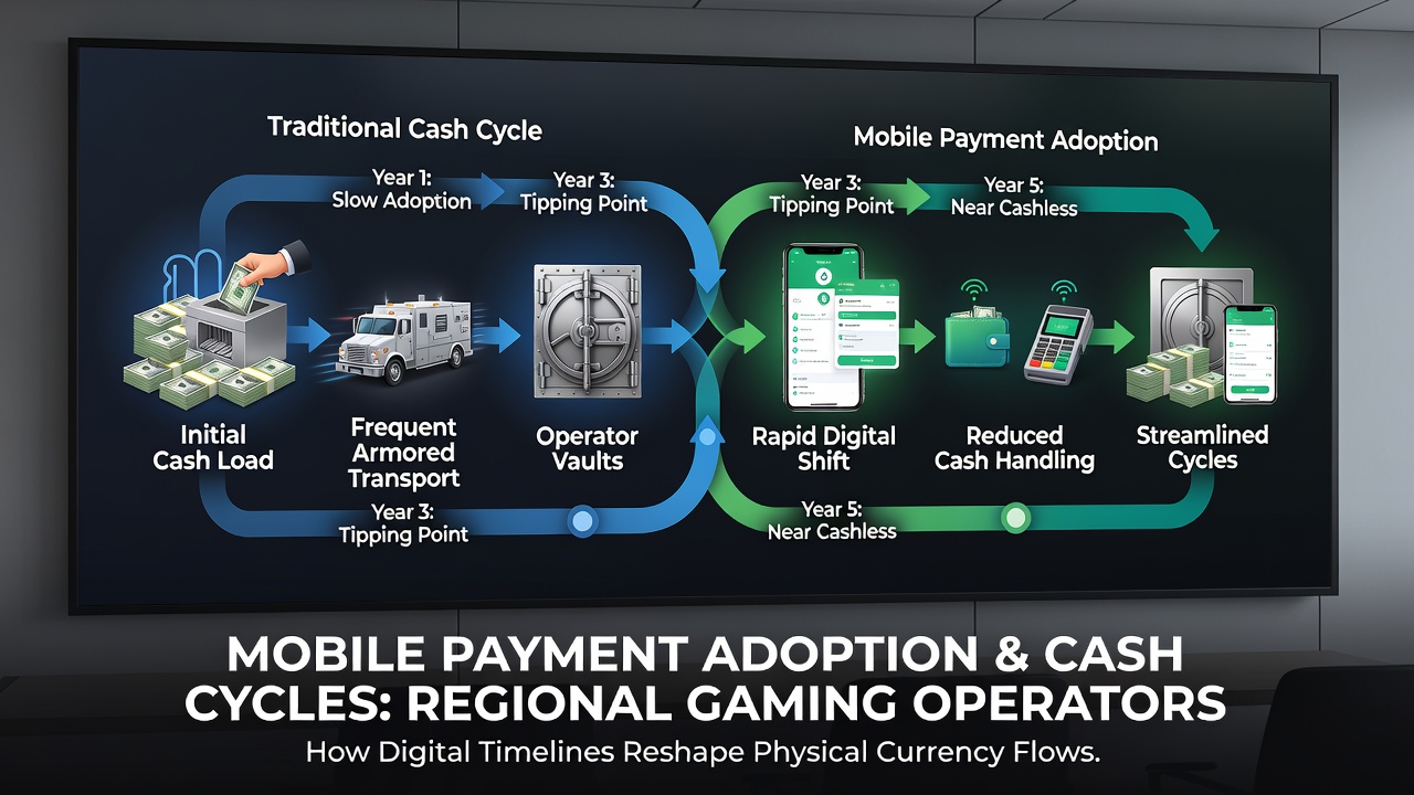 Mobile payment systems integrated into casino gaming floors showing digital wallet transactions replacing traditional cash handling processes
