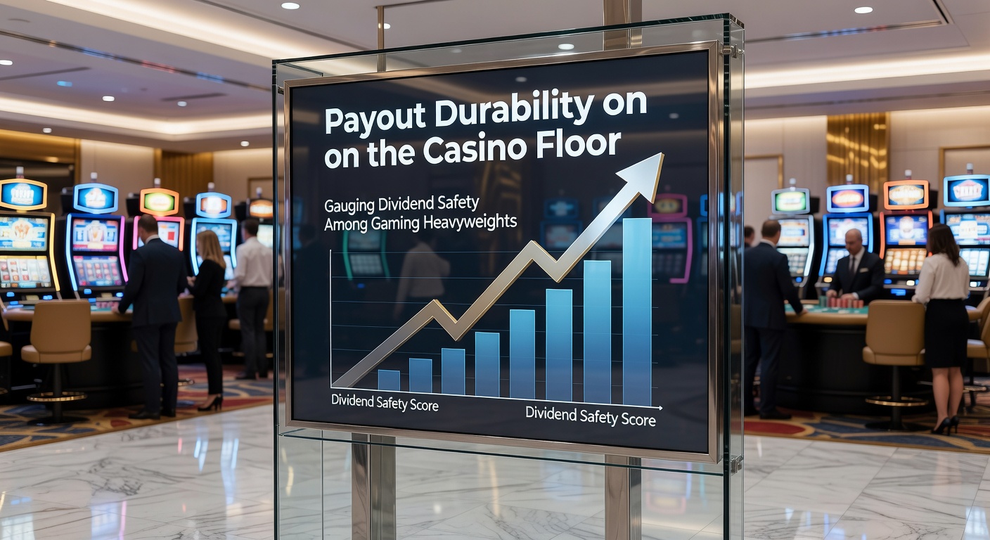 Vibrant casino floor bustling with slot machines and table games under bright lights, overlaid with subtle dividend yield charts and payout ratio graphs highlighting gaming industry stability
