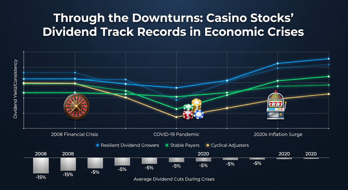 Graph illustrating casino industry revenue drops and dividend adjustments during the 2008 financial crisis, highlighting key stocks like Las Vegas Sands and MGM Resorts