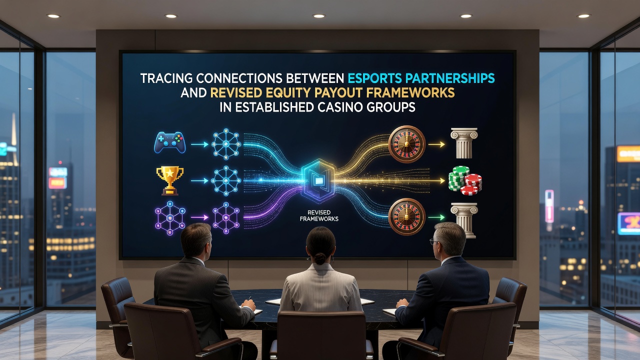 Casino executives reviewing esports partnership agreements alongside equity distribution models in a modern boardroom setting