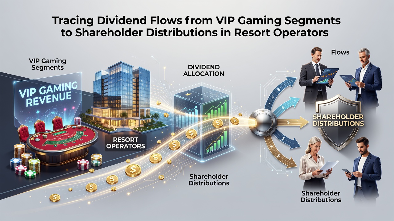 Flowchart illustrating revenue movement from VIP gaming segments through resort operations to shareholder dividend payments