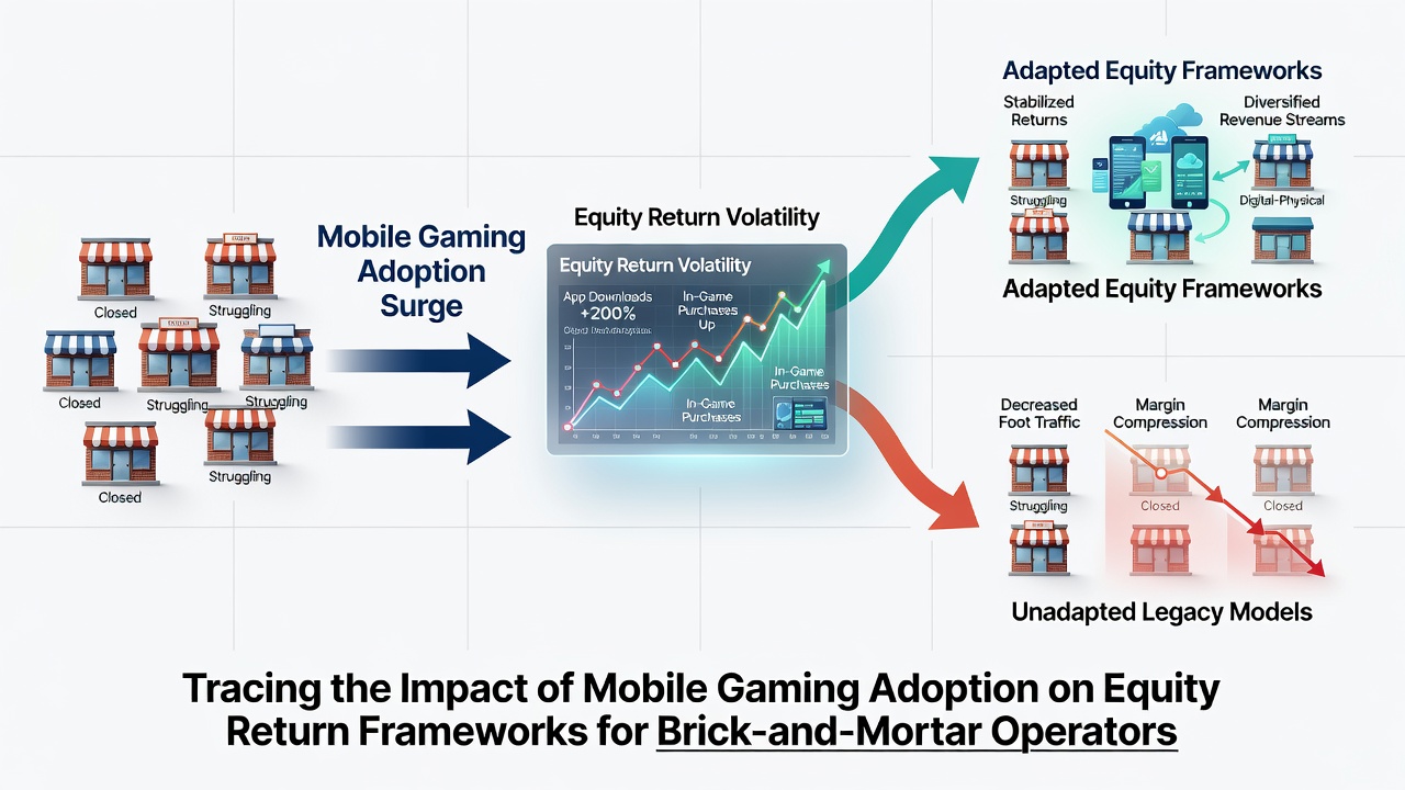 Financial charts showing equity return adjustments and mobile versus land-based revenue comparisons for casino operators